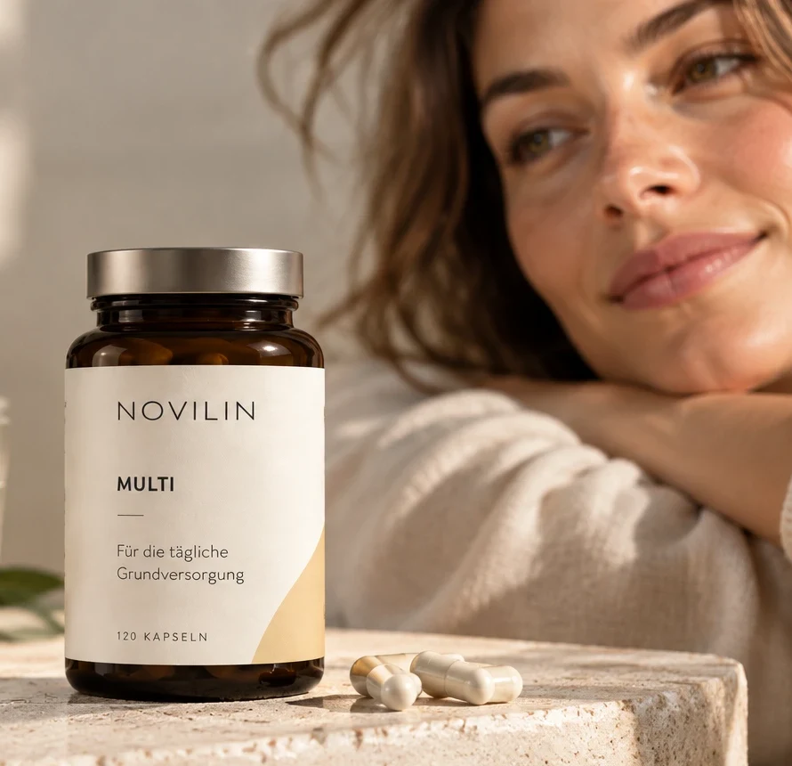 Frau im Sonnenlicht, davor eine Dose Novilin Multi auf Naturstein
